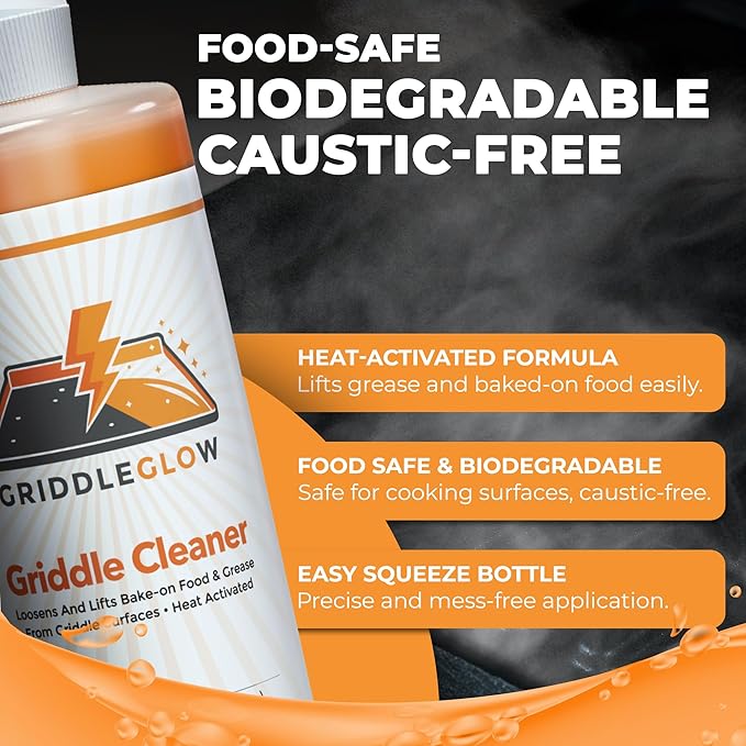 Griddle & Flat Top Grill Biodegradable Cleaner. Easy Pour Squeeze Bottle 32 oz. Fast Acting Formula, Food Safe, Glycerin-Based and Caustic Free. Heat Activated Removes Grease and Baked-on Food, Safe