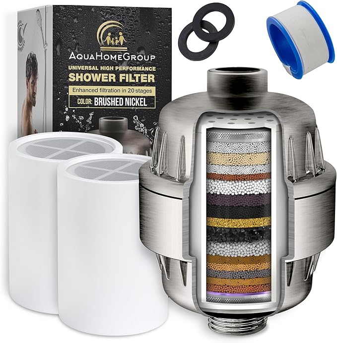 AquaHomeGroup 20 Stage Shower Head Filter with Vitamin C E A - High Output Filter to Reduce Chlorine - 2 Replacement Cartridges - Consistent Flow Showerhead Filter