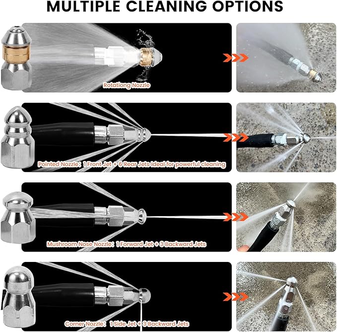 200FT Pressure Washer Sewer Jetter Kit, 5800 PSI Water Jet Drain Cleaner Hose with Corner Rotating Button Nose Nozzle, 1/4 Inch NPT, Sewer Jetter Nozzles Kit with Spanner Handle Strap