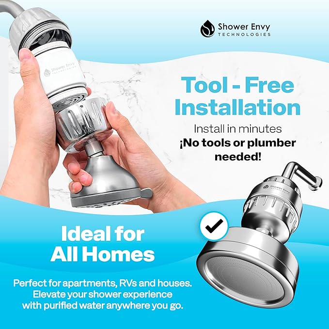 Shower envy 15-Stage Shower Filter – High-Pressure Filtered Shower Head with Vitamin C & E – Removes Impurities for Healthier Skin & Hair – Universal Fit for All Showers