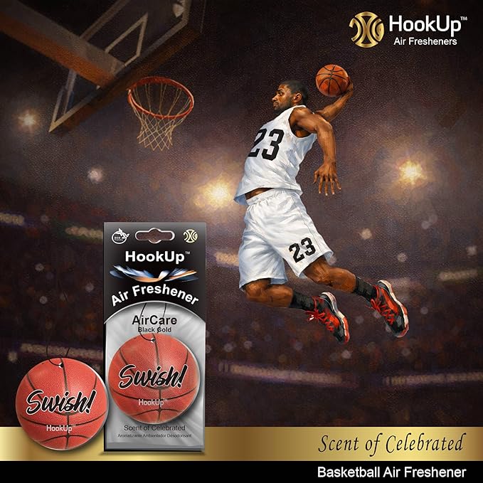 Basketball Car Air Freshener by HookUp - 25 Pack - Black Gold Scent (Extra Strong) | Unique Basketball Gift for Players, Coach, Fans | Hanging Car Accessory with Long Lasting Fresheners Smell