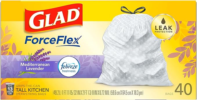 Glad Trash Bags, ForceFlex Tall Drawstring Garbage Bags, 13 Gallon White Trash Bags for Tall Kitchen Trash Can, Mediterranean Lavender with Febreze Freshness to Eliminate Odors, 40 Count (Pack of 2)