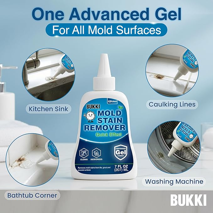 BUKKI Mold Stain Remover Gel (7 FL OZ), Heavy Duty Thick Gel for Shower Grout, Washer Seals, Caulking, Bathrooms, Sinks, Concrete, Pool Tile, Patio, Siding, Marine RV. Surface Stain Cleaner