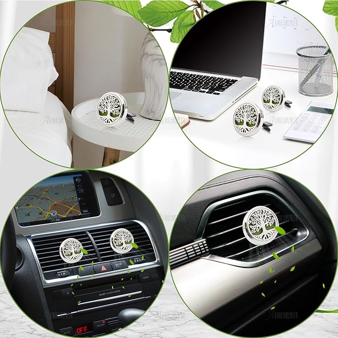 AUEAR, Car Diffuser Vent Clips Tree of Life Aromatherapy Essential Oil 30mm Stainless Steel Air Fresheners Lockets with 10 Felt Refill Pads for Women Men (Style D)