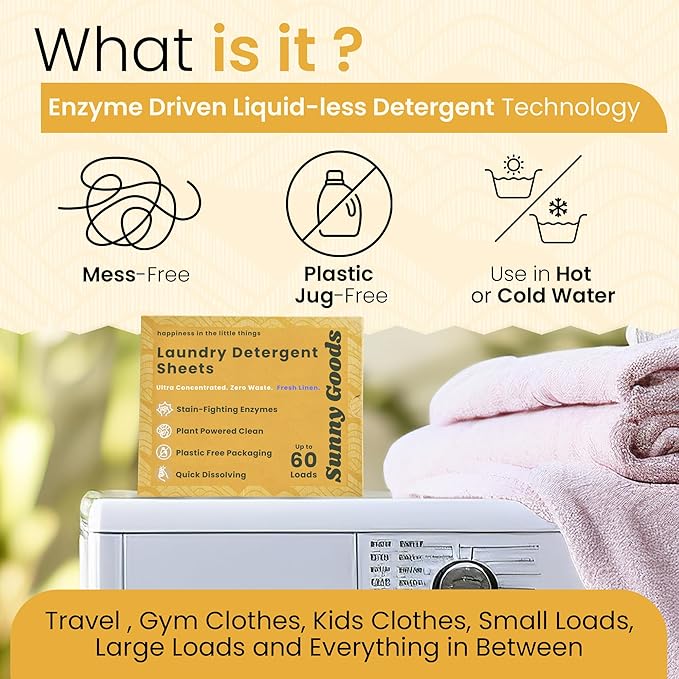 Laundry Detergent Sheets with Plant Powered Stain-Fighting Enzymes - 60 Loads - Concentrated Liquidless Laundry Soap Sheets - Home and Travel Laundry Detergent - Fresh Linen