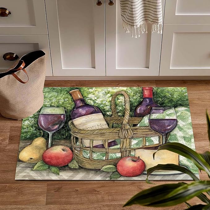 Wine Theme Kitchen Mats for Floor Vintage Kitchen Rug Non Slip Cushioned Comfort Standing Mat, 3x5ft/36x60in