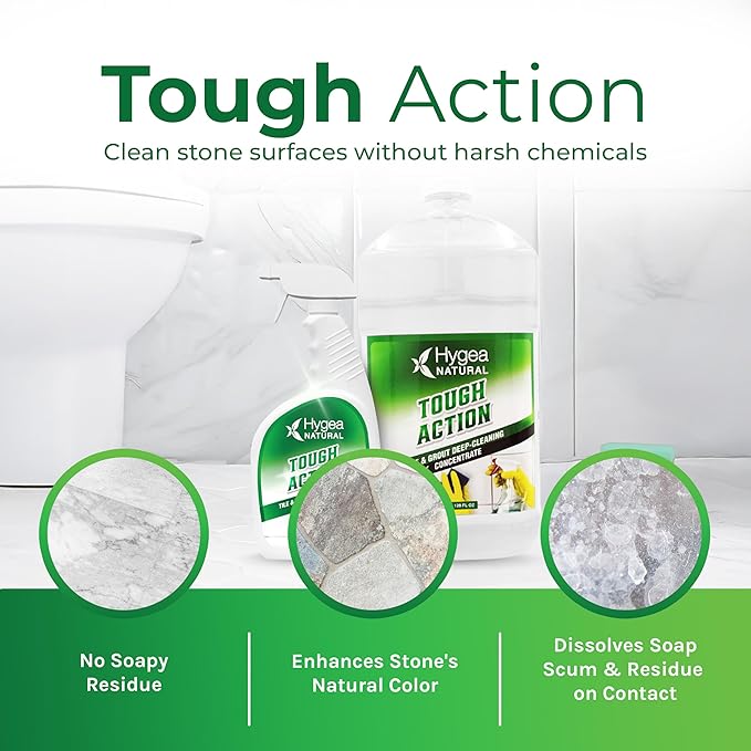 Hygea Natural Tough Action Tile & Grout Cleaner Duo - Deep Cleans Dirt & Scum, Conditions & Enhances Stone Color - Acid-Free & Residue-Free Biodegradable Formula (24 oz Spray + Concentrated Gallon)