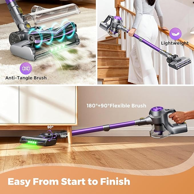 Cordless Vacuum Cleaner, 40Kpa Powerful Suction Stick Vacuum Cleaners for Home, 45 Mins Runtime, 1.6L Dust Box, Anti-Tangle, 8-in-1 Rechargeable Vacuum for Hardwood Floor,Carpet,Pet Hair