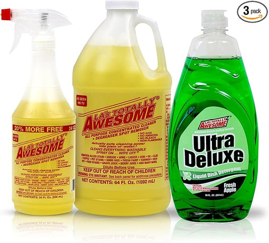 La's Totally Awesome All-Purpose Cleaner Combo Pack (24oz + 64oz) + Bonus Fresh Apple Dish Soap 30oz - Multipurpose Home Cleaner & Degreaser with Dishwashing Liquid