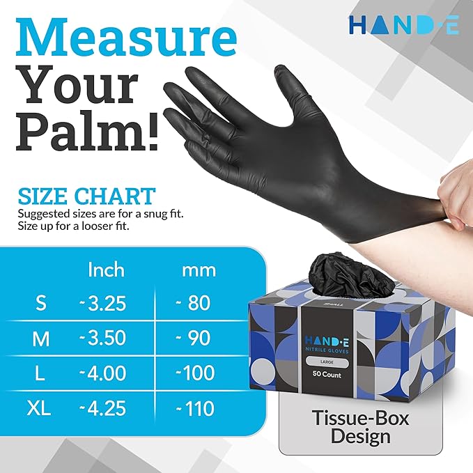 Hand-E Touch Black Nitrile Disposable Gloves Large, 50 Count - BBQ, Tattoo, Hair Dye, Cooking, Mechanic Gloves - Powder and Latex Free - Tattoo Supplies