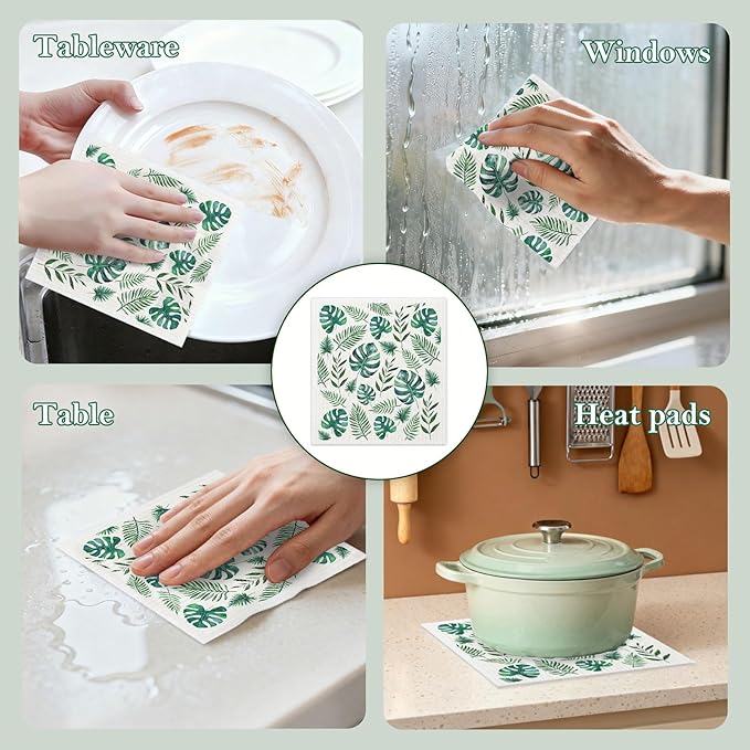 Mixed Plants Swedish Kitchen Dishcloths Dish Towels 6 Pack, Plants Dish Towels for Kitchen, Swedish Dishcloth with Ferns, Paper Towels Reusable, Dish Cloth Towel Cleaning Wipe for Home Party