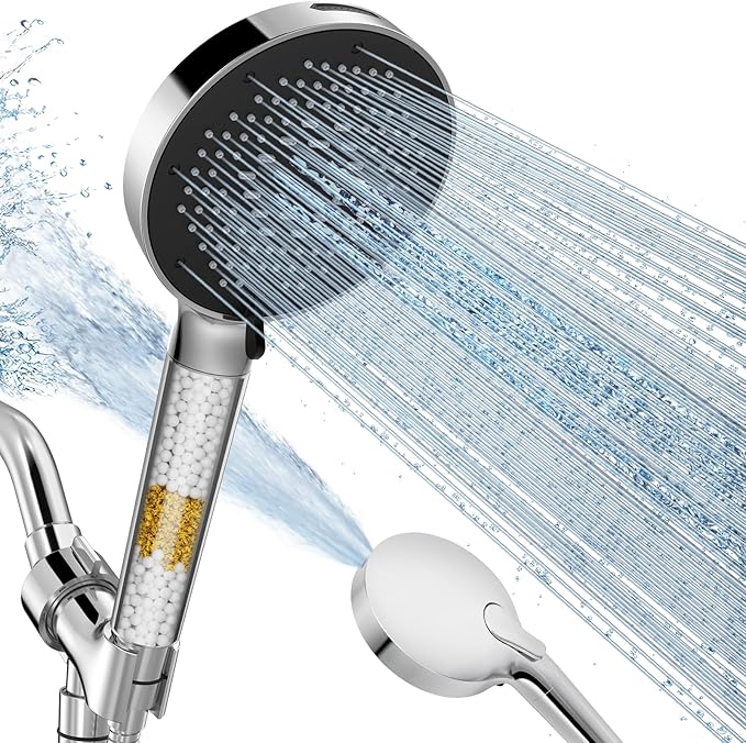SR SUN RISE NSF Filtered Shower Head with Handheld High Pressure 9-Spray Settings Power Wash Detachable Filter for Hard Water Removes Chlorine (Chrome Silver, 4.9inch)