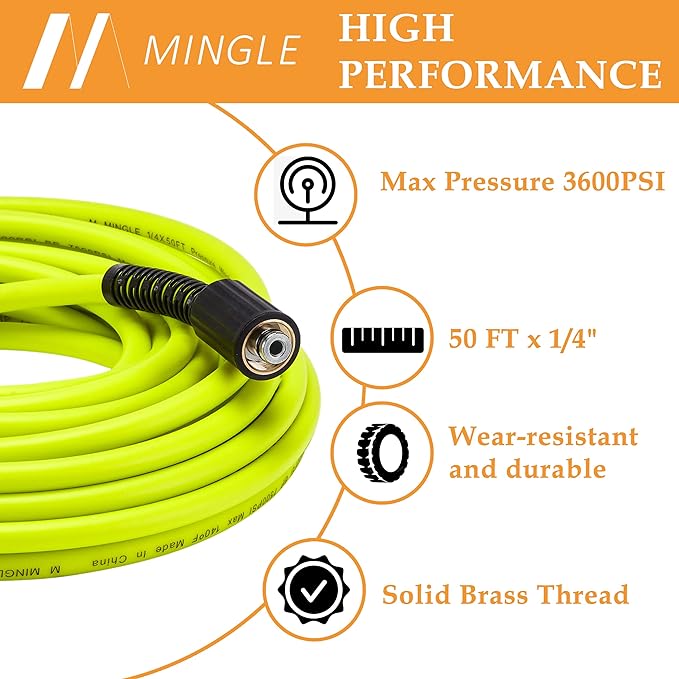 M MINGLE Pressure Washer Hose 50 FT x 1/4" - Replacement Power Wash Hose with M22 14mm Stainless Steel Quick Connect Power Washer Adapter Sets - 3600PSI