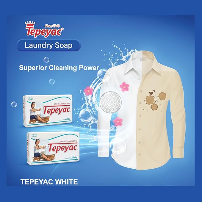 Tepeyac Biodegradable White Laundry Bar and Tough Stain Remover, For all Fabric Types - Fresh Scent 400 g (Pack of 4)