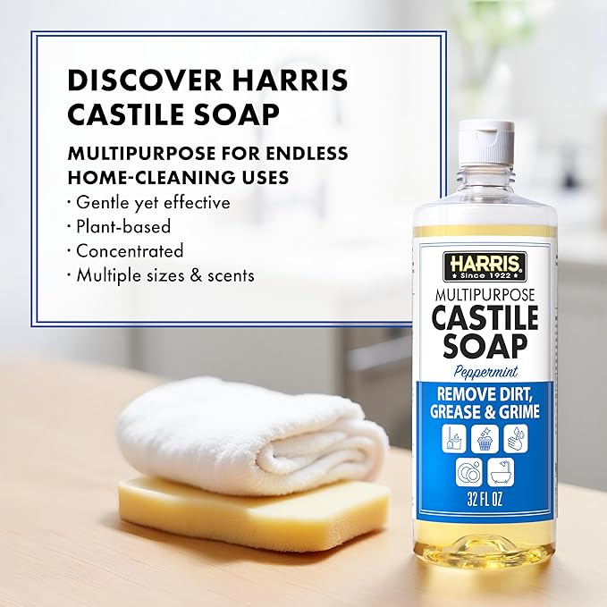 HARRIS Multi-Purpose Liquid Castile Soap for Home Cleaning, Use as Dish Soap, Laundry Detergent, Kitchen & Bathroom Surface Cleaner, Kids Room, 2 Pack of 32 Fl Oz with Microfiber Cloth (Peppermint)