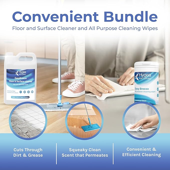 Hygea Natural EasyBreeze Ultimate Cleaning Bundle - PH Neutral Floor & Hard Surface Cleaner with All-Purpose Wipes - Luxurious Clean Scented (1 Gallon Floor Cleaner, 50 ct. Wipes)