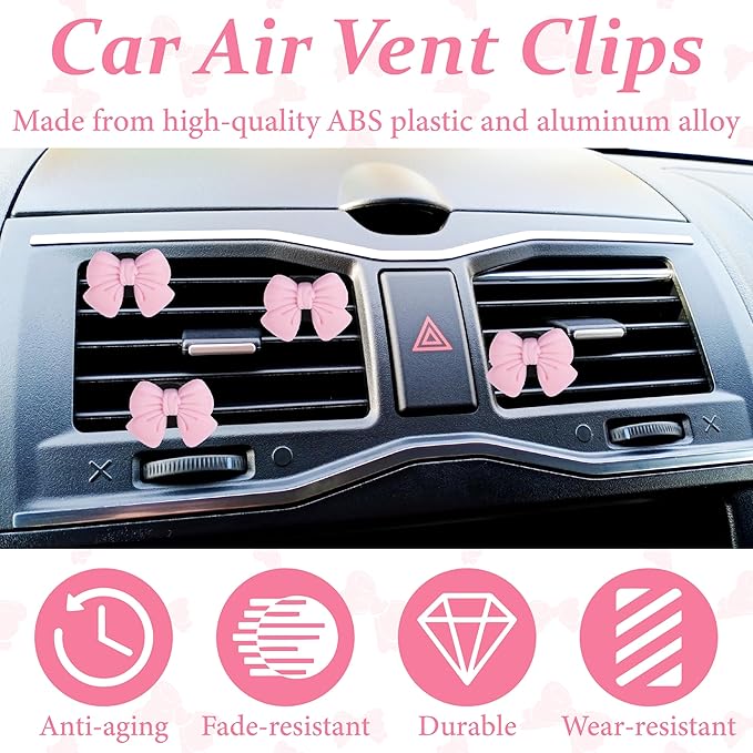 6 PCS Pink Bow Car Air Vent Clips, Cute Air Freshener Clip, Pink Bow Car Accessories, Coquette Airs Conditioning Vents Decorations, Interior Girly Cars Accessories for Women Cars Truck Suv