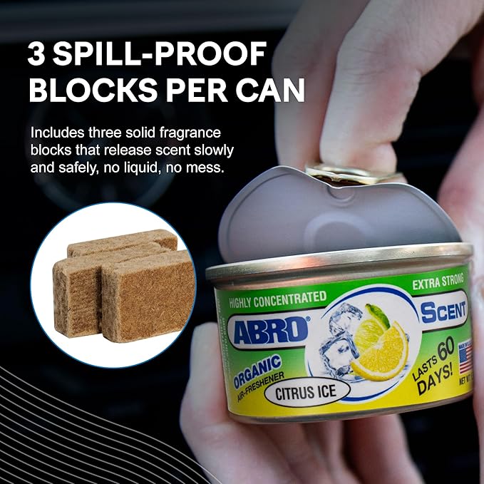 ABRO Car Air Fresheners: Canned, Spill Proof Airfreshener for Home, Office, or Car Accessories Interior, Lasts Up to 60 Days - 3 Pack Citrus Scent