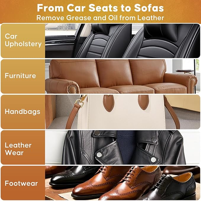 Leather Cleaner Degreaser – Quick Spray & Wipe Formula for Car Seats, Sofas, Handbags, Jackets & Shoes – Removes Grease & Oil, Gentle Leather Care, No Residue, Easy to Use