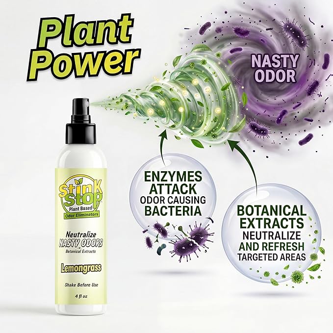 Plant Based Odor Eliminator: Neutralizing Spray - Refresh Stubborn Stinky Odors w/Botanical Extracts Area Deodorizer, Post Poop Spray & Car Interior Funk Freshener (4 fl oz, Lemongrass)
