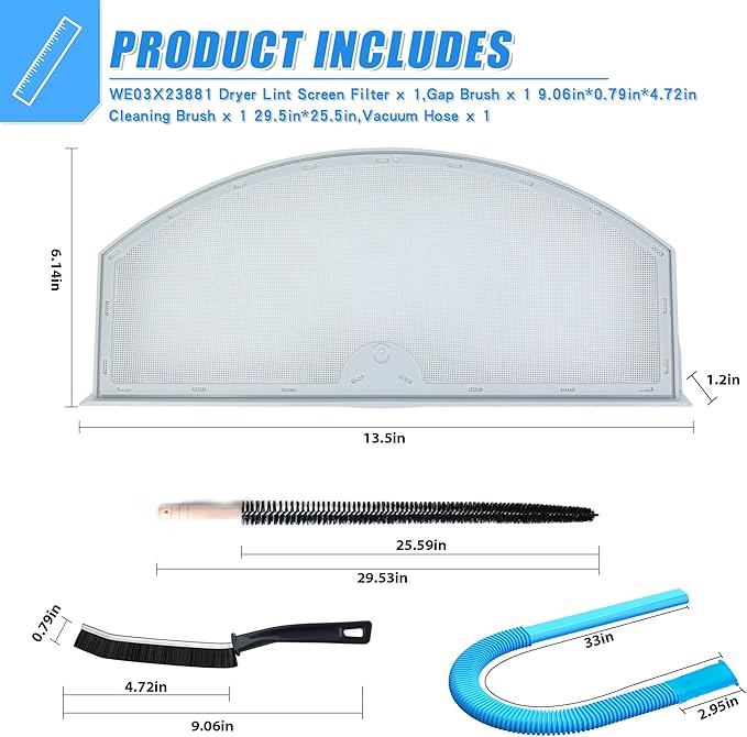 Upgraded WE03X23881 Dryer Lint Filter Replacement Kit for GE Dryer, GTD65EBSJ3WS GTD33EASK0WW, Stainless Steel Lint Screen for Dryer, Flexible Dryer Lint Brush, Dryer Vent Vacuum Hose Attachment