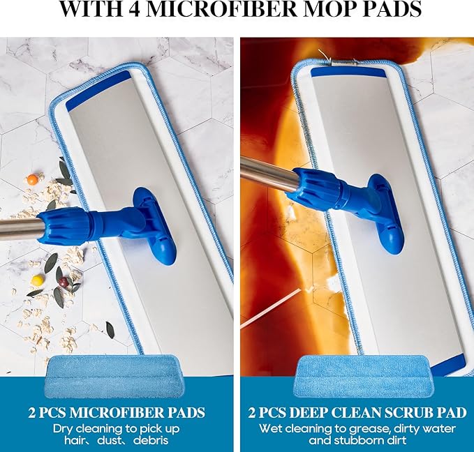 17.5'' Microfiber Mop for Floor Cleaning-Blue Flat Floor Mop with 58'' Stainless Steel Handle- 4 Reusable Washable Replacement Pads-Wet & Dry Use for Hardwood Tile Laminate-Home Kitchen Bathroom