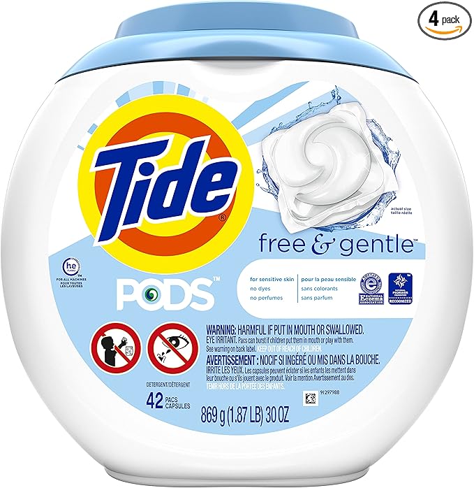 Tide Pods Liquid Detergent Pacs, Free & Gentle, 42 Count (Pack of 4) (Packaging May Vary)