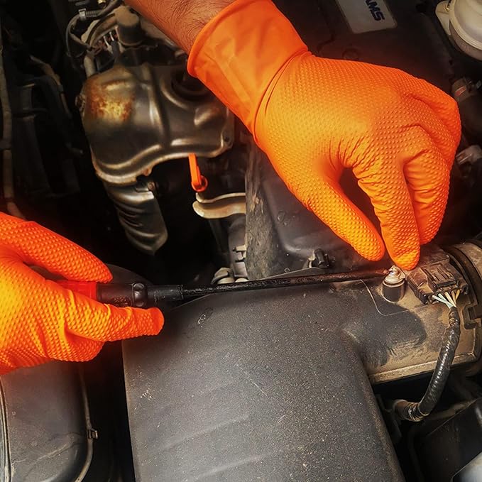 TitanFlex Heavy Duty Orange Industrial Nitrile Gloves with Raised Diamond Texture, Latex Free (6mil/8mil)