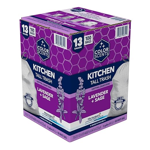 Color Scents Tall Kitchen Trash Bags - 13 Gallon, 100 Bags (1 Pack of 100 Count), Drawstring - White bag in Lavender + Sage Scent with Microban