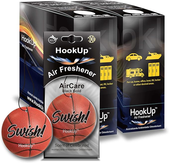 Basketball Car Air Freshener by HookUp - 50 Pack - Black Gold Scent (Extra Strong) | Unique Basketball Gift for Players, Coach, Fans | Hanging Car Accessory with Long Lasting Fresheners Smell