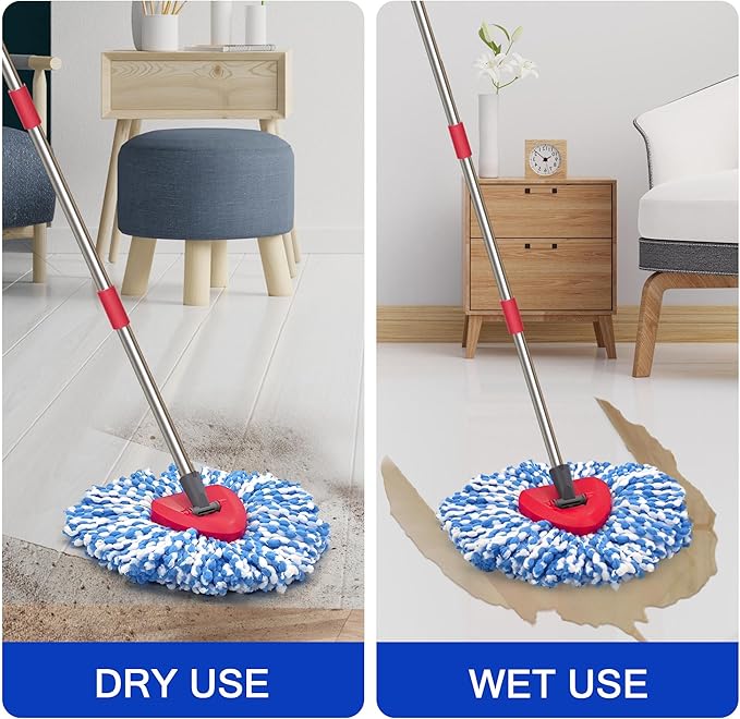 JEHONN Spin Mop Replacement Heads, Base, Handle for O-Cedar EasyWring 1 Tank System, Includes 2 Microfiber Refills, 1 Triangle Cover and 58 inches Long Pole for Cleaning Bathroom Kitchen Tile Floor
