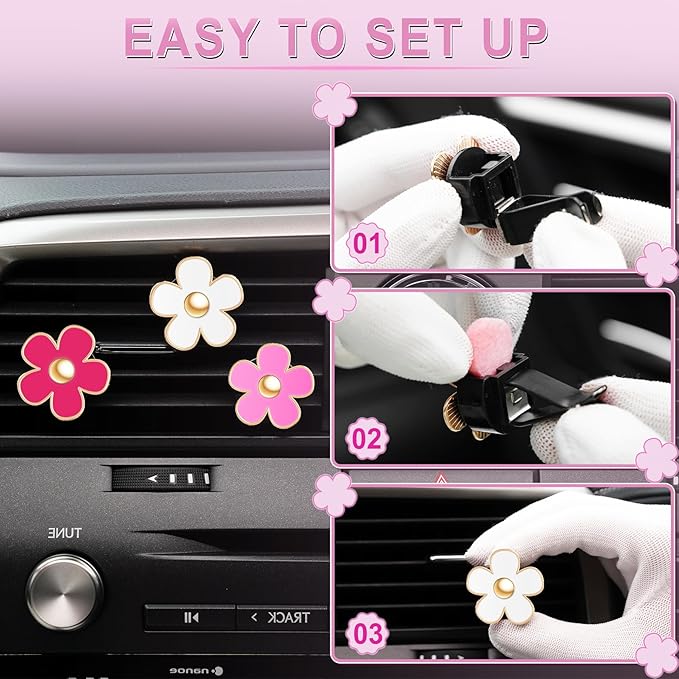 LivTee 6 Pack Cute Daisy Flower Car Vent Clips, Air Freshener Car Accessories, Air Vent Clips for Women and Girls, Flower Vent Clips for Car Interior Decoration(3cm, 3.3cm, Red, Pink, White)
