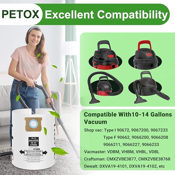 5 Pack Vacuum Bags Replacement for Shop Vac Bags 10-14 Gallon Type F 90662 9066200 9066233 and Type I 90672 9067200 9067233, PETOX High-Efficiency Disposable Vaccum Collection Filter Bags