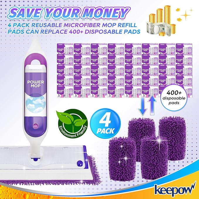 KEEPOW 10 Pack Reusable Mop Pads Compatible with Swiffer PowerMop, Microfiber Mop Pads Refills Machine Washable, Durable, and Highly Absorbent Suitable for All Floor Types