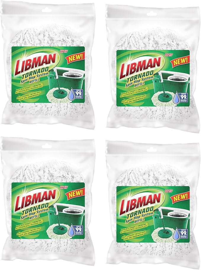 Libman Tornado Spin Mop Refills-Case of 4-Microfiber Head, Easy to Replace, Machine Washable & Scrub Brush Kit – Three Different Durable Brushes for Grout, Tile, Bathroom, Kitchen