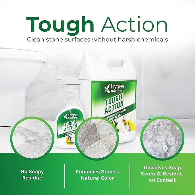 Hygea Natural Tough Action Tile & Grout Cleaner Duo - Deep Cleans Dirt & Scum & Enhances Stone Color - Acid-Free & Residue-Free Biodegradable Formula (24 oz Spray & Ready to Use Gallon Refill)