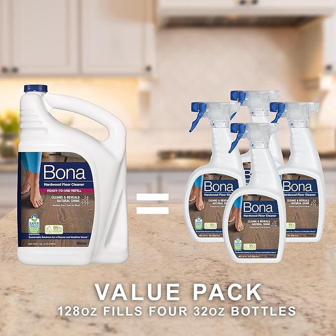 Bona Hardwood Floor Cleaner Refill, 128 fl oz, Unscented, Refill for Spray Mops and Bottles, Residue-Free Floor Cleaning Solution for Wood Floors