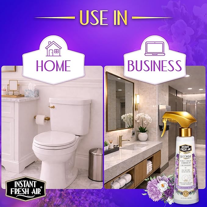 Seconda Premium Toilet Spray - Bathroom Air Freshener & Toilet Bowl Odor Eliminator - For Home, Business, School - Bathroom Deodorizer - Long Lasting Lavender Fragrance 10.1 fl oz.