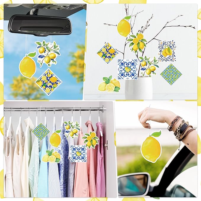 8Pcs Capri Lemon Car Air Fresheners Spring Summer Fruit Blue Tiles Yellow Scented Rearview Mirror Hanging Ornaments Decoration Amalfi Coast Positano Mediterranean Automotive Interior Accessories Decor