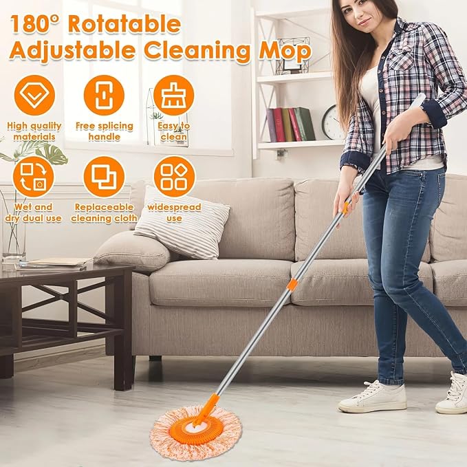 Generic 2024 New Intellect Mop, 360° Rotatable Adjustable Cleaning Mop, Extendable Wall Cleaning Mop,Long Handle Microfiber Spin Mop, Easy Cleaning Round Spin Mop for Wall, Ceiling, Window (44inch)