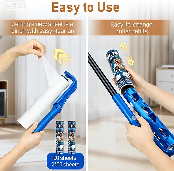10" Large Lint Roller for Pet Hair Extra Sticky, Floor Lint Rollers Long Handle with Big Lint Rollers Refills for Couch Carpets Furniture Wall Clothing Floor Cleaning, Blue