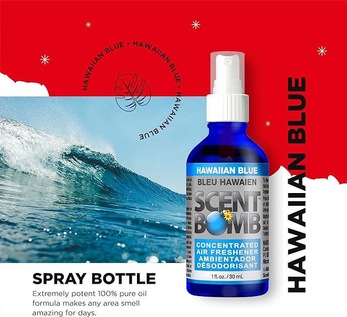 Scent Bomb Air Freshener Bundle - 1 oz & 8 oz Bottle Sprays, Vent Clip, Organic Cans, Hanging Circle - Continuous Freshness & Long-Lasting Odor Eliminator for Car, Home, Bathroom - Hawaiian Blue