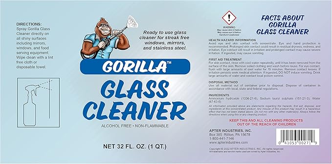 Gorilla Glass Cleaner, Ready-To-Use, Alcohol-Free Glass Cleaner, 32oz. (Pack of 2)