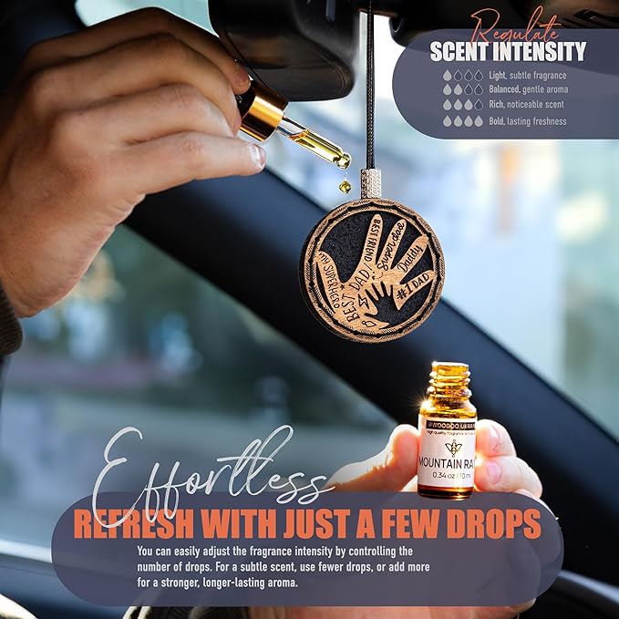 Handmade Wood Car Air Freshener — Father’s Hands Designed Refillable Essential Oil Diffuser — Long Lasting Mountain Rain Fragrance Oil 10 ml — Car Accessories Gift Box