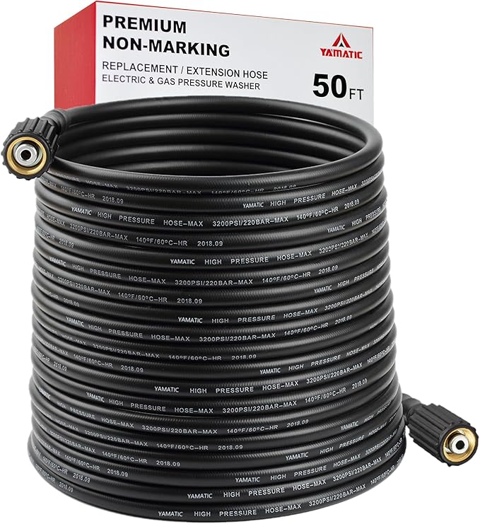 YAMATIC Pressure Washer Hose 50FT 1/4" Kink Resistant M22-14mm Brass Fitting 3200 PSI Power Washer Hose Replacement for Ryobi, Troy Bilt, Greenworks, CRAFTSMAN, Black