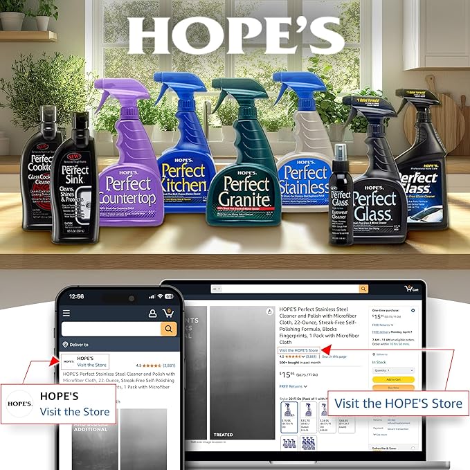 HOPE'S Perfect Quartz Countertop Cleaner, No Hazy Residue, Streak-Free, Safe on Food Contact Surfaces, Fragrance-Free, Sunscreen-Free, Counter Cleaner for All Brands of Quartz, 23 Fl Oz, Pack of 2