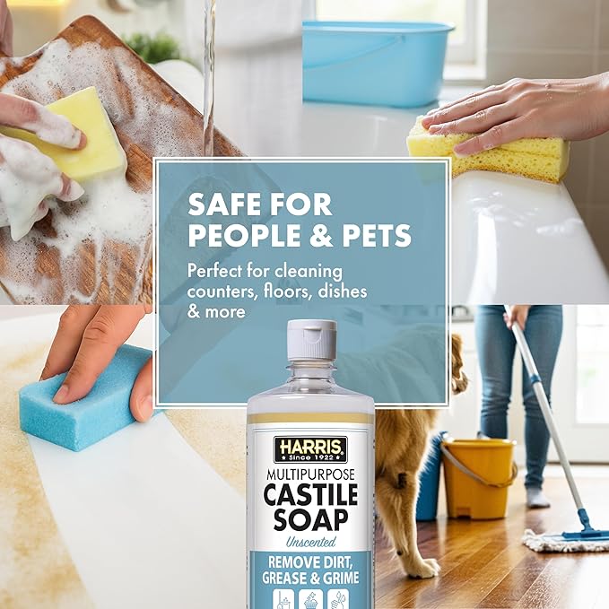 HARRIS Multi-Purpose Liquid Castile Soap for Home Cleaning, Use as Dish Soap, Laundry Detergent, Kitchen & Bathroom Surface Cleaner, Kids Room, 2 Pack of 32 Fl Oz with Microfiber Cloth (Unscented)