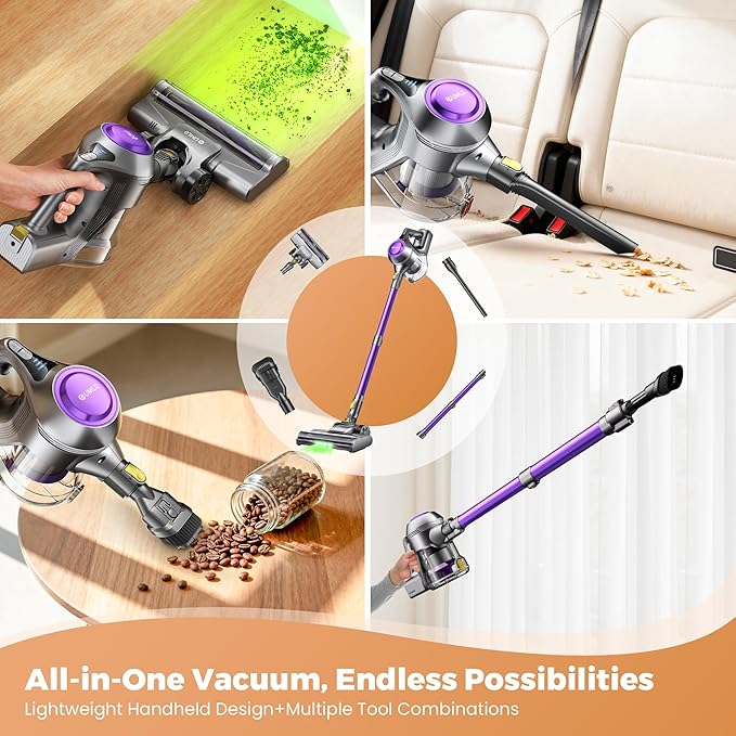 Cordless Vacuum Cleaner, 40Kpa Powerful Suction Stick Vacuum Cleaners for Home, 45 Mins Runtime, 1.6L Dust Box, Anti-Tangle, 8-in-1 Rechargeable Vacuum for Hardwood Floor,Carpet,Pet Hair