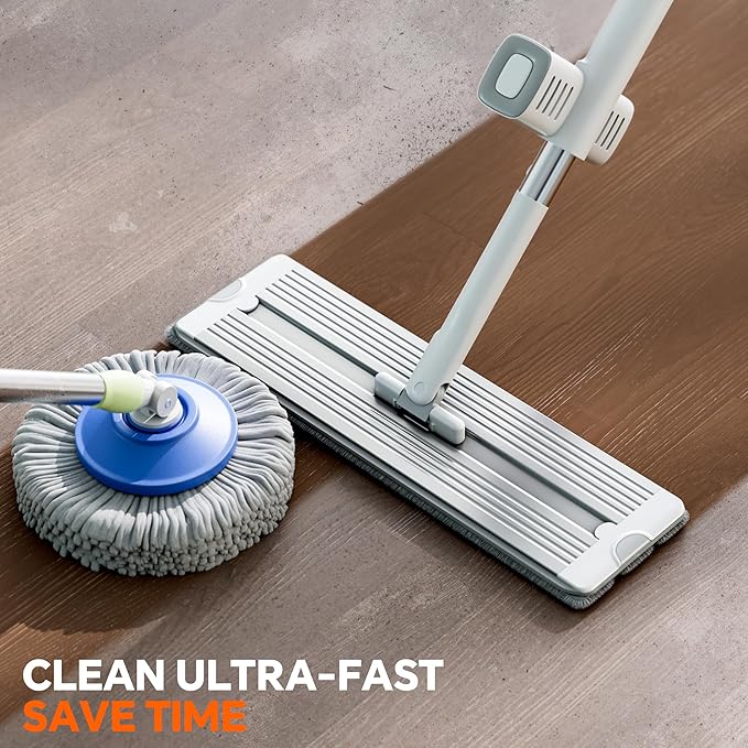 Self Wringing Microfiber Mop - Hands-Free Flat Mop with Wringing Blade | Aluminum Panel, Wet Dry for Apartment, Tiny Home, Windows, Wall, Hardwood, Laminate, Tile, Vinyl, 4 Reusable Pads