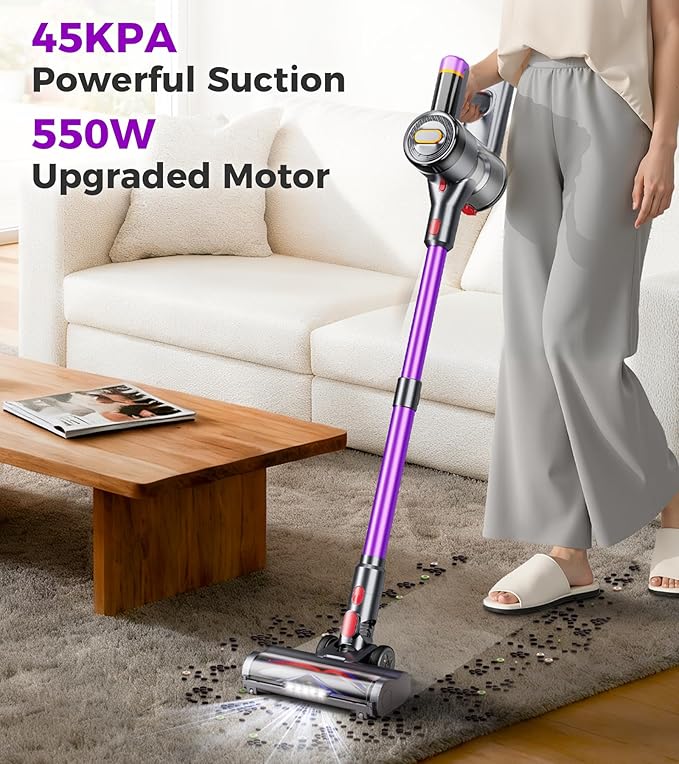 Cordless Vacuum Cleaner, 550W 45Kpa Vacuum Cleaners for Home, 60Mins Cordless Stick Vacuum with LED Display, Self-Standing & Anti-Tangle, 8-in-1 Wireless Vacuum for Carpet Pet Hair Hardfloor